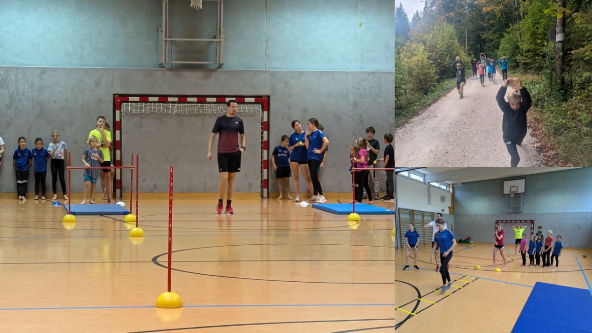 Konditionstraining: Slalomstangen und Koordinationsleiter in der Turnhalle, ein Lauf auf einem Forstweg