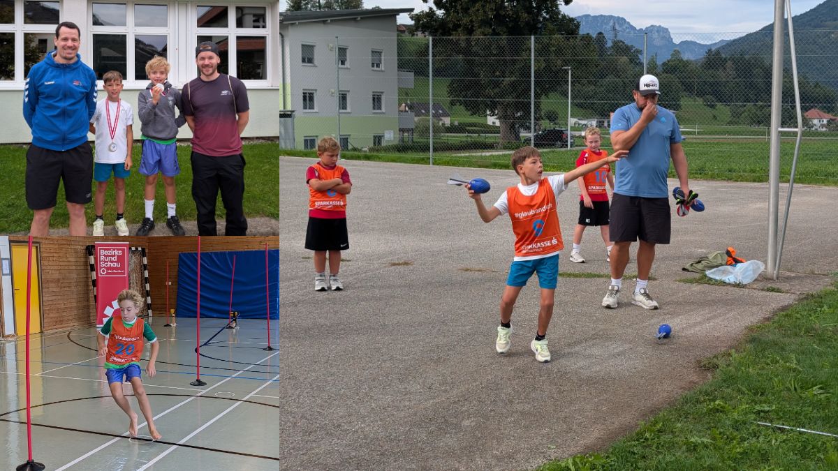 Kremstal-Pyhrn-Priel Cup Konditionswettkampf: ein Bub beim Vortex-Weitwurf, zwei Buben mit Medaillen neben ihren Betreuern und der Linienlauf in der Halle