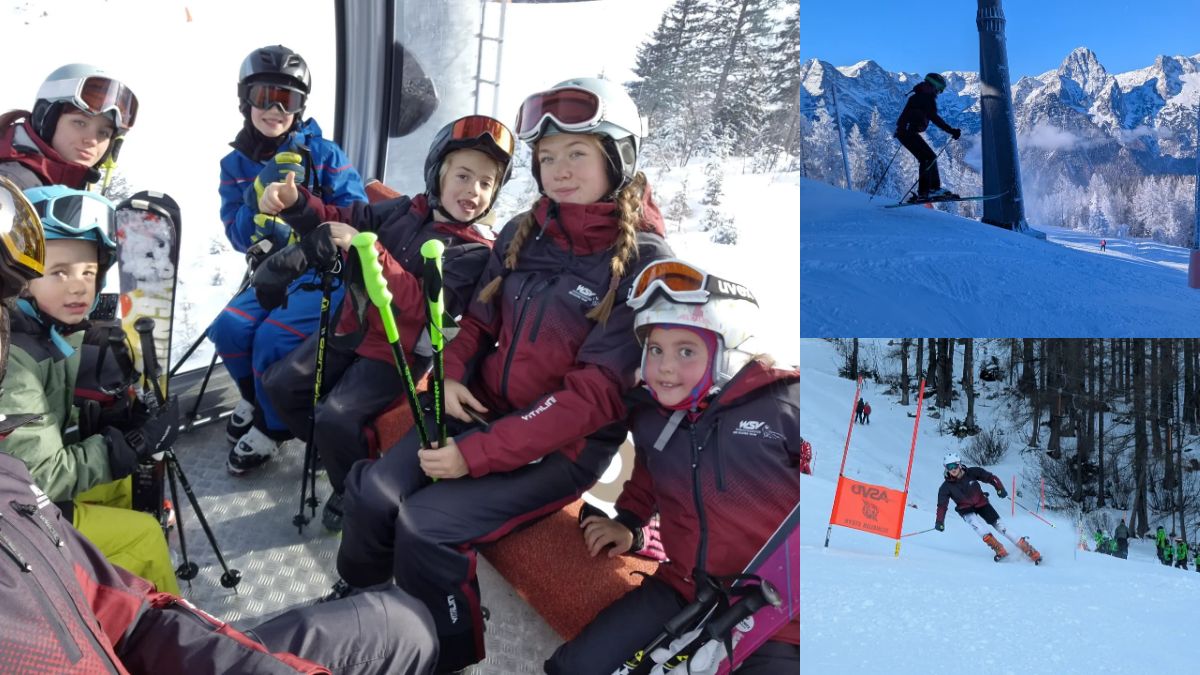 Skitraining: eine Gruppe Kinder in der Gondel, ein Läufer vor dem Bergpanorama und einer am roten Tor