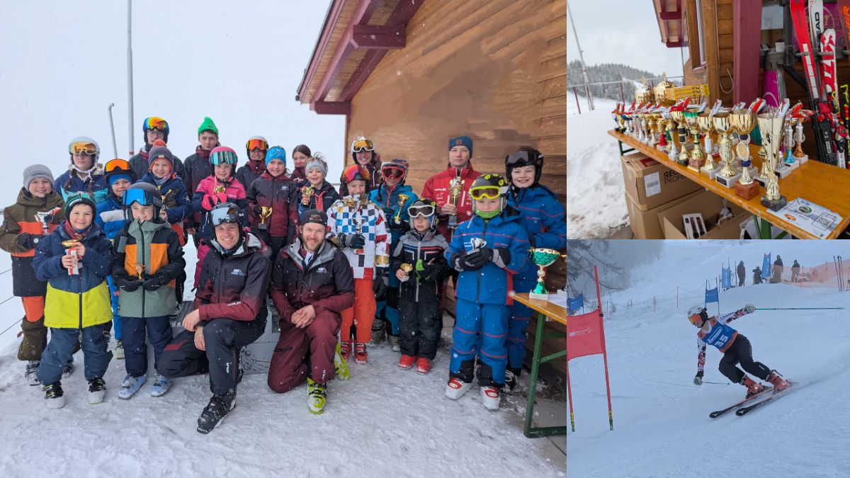 Skimeisterschaften: alle mit ihren Pokalen vor der Hütte, der Tisch mit den Pokalen und ein Läufer am roten Tor
