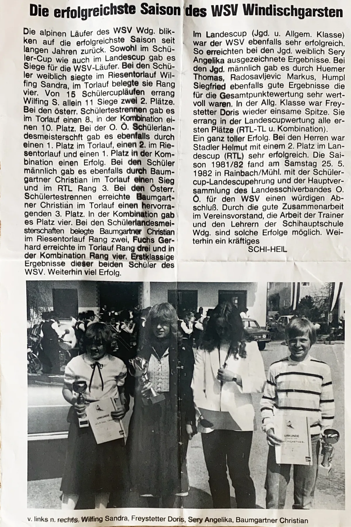 Zeitungsausschnitt mit der Überschrift „Die erfolgreichste Saison des WSV Windischgarsten“, darunter ein Foto von vier Jugendlichen mit Pokalen und Urkunden.