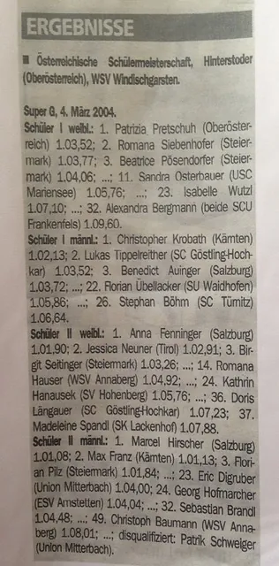 Zeitungsausschnitt mit den Ergebnissen der Österreichischen Schülermeisterschaft im Super-G am 4. März 2004 in Hinterstoder.